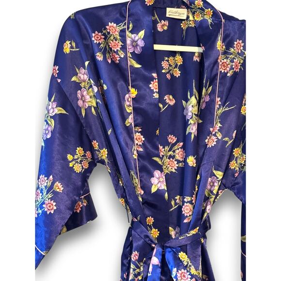Vintage Kathryn Navy Floral Satin Pajama Set Nightgown and Robe Medium - Picture 9 of 13